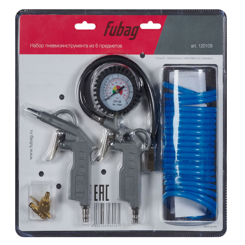FUBAG Набор пневмоинструмента 6 предметов блистер (пистолет для накачки с манометром, продувочный пистолет, спиральный шланг 5 м, насадки для накачки 3 шт.)