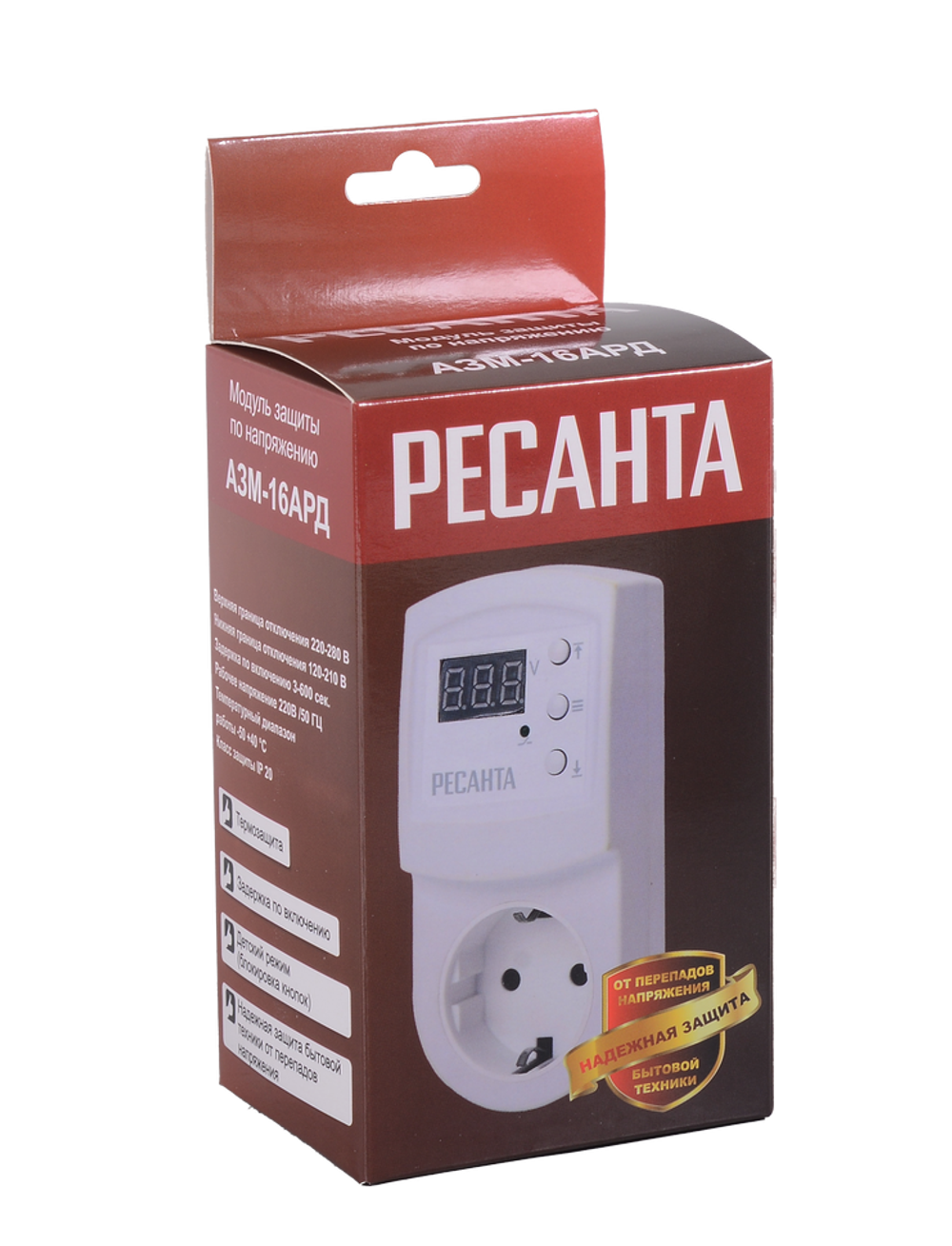 Блок защиты по напряжению "Ресанта" АЗМ 16AРД регулируемый (с дисплеем, в розетку)