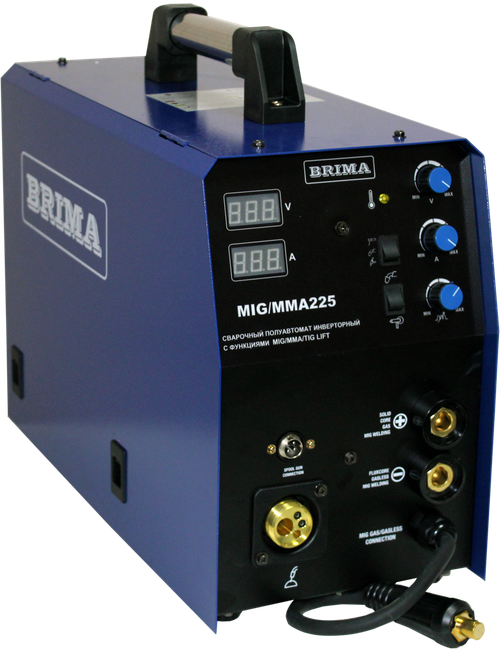 ПОЛУАВТОМАТ MIG/MМА-225 (220В) "BRIMA" - установка универсальная c функциями полуавтоматической сварки (MIG), ручной дуговой сварки (MMA) и аргонодуговой (TIG) сварки