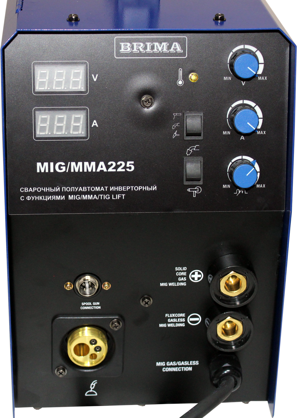 ПОЛУАВТОМАТ MIG/MМА-225 (220В) "BRIMA" - установка универсальная c функциями полуавтоматической сварки (MIG), ручной дуговой сварки (MMA) и аргонодуговой (TIG) сварки